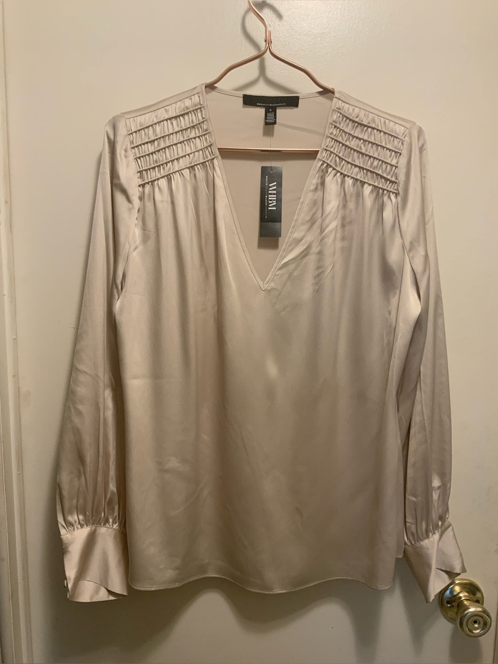 White House Black Market V-Neck Pintuck Silk Blouse in Light Cream